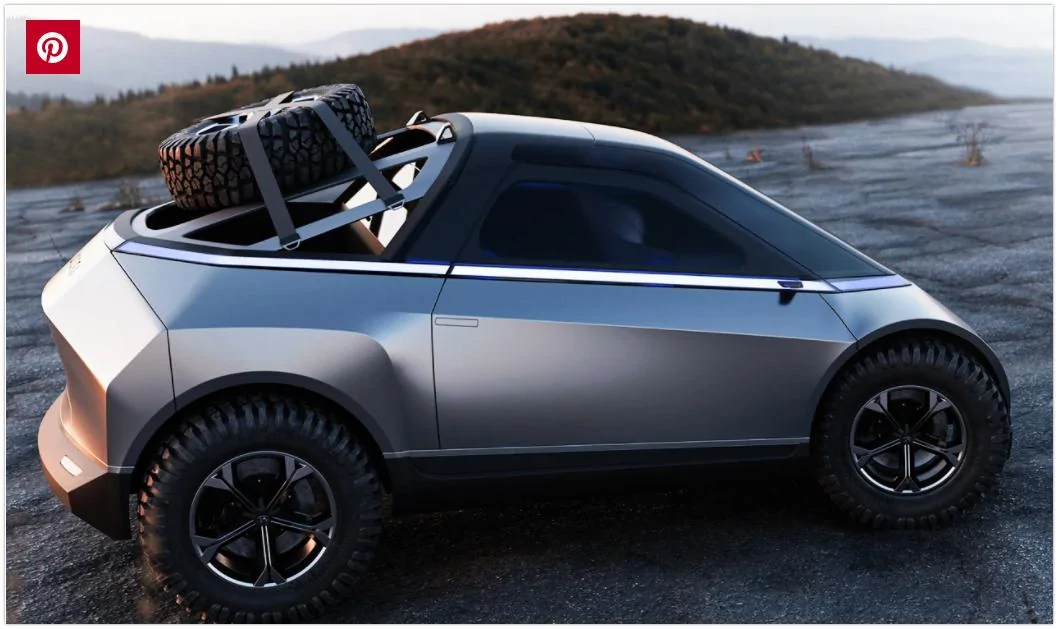 Tesla Model 2 HYUNDAI EGG COMPACT PICKUP TRUCK with spare tire. Hyundai EGG compact pickup truck carries a miniature Cybertruck vibe - Yanko Design 2022-01-0