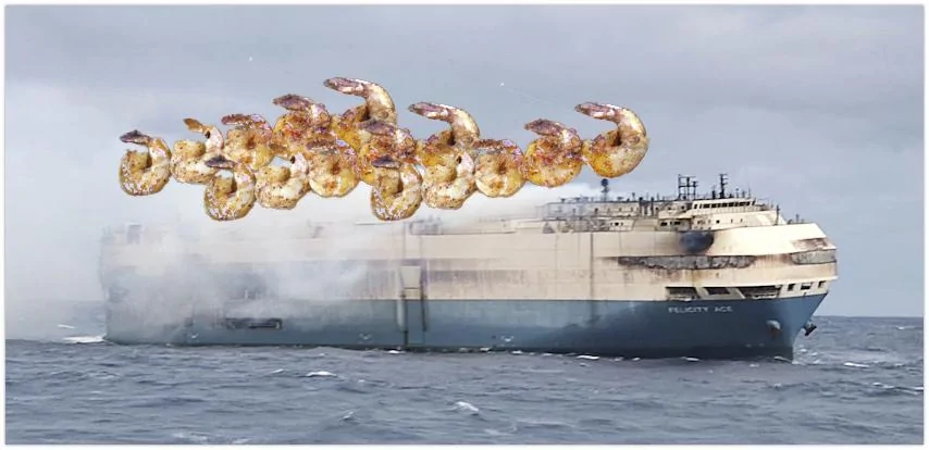 Tesla Model 2 Ship carrying EVs burning out of control Shrimp on barbi