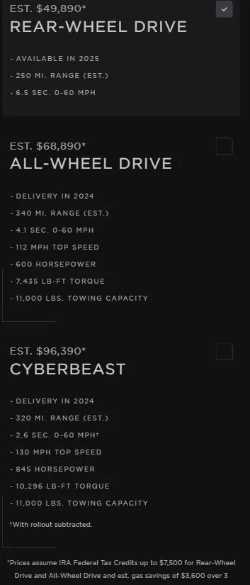 Tesla Model 2 Tesla Cyber Truck web Site prices, options, models wow prices