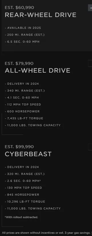 Tesla Model 2 Tesla Cyber Truck web Site prices, options, models wow actual prices