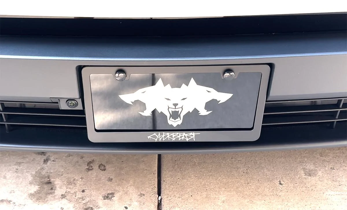 Tesla Model 2 ? CYBERBEAST Cerberus Vanity License Plate club-vanity-cyberbeast-and-frame-front
