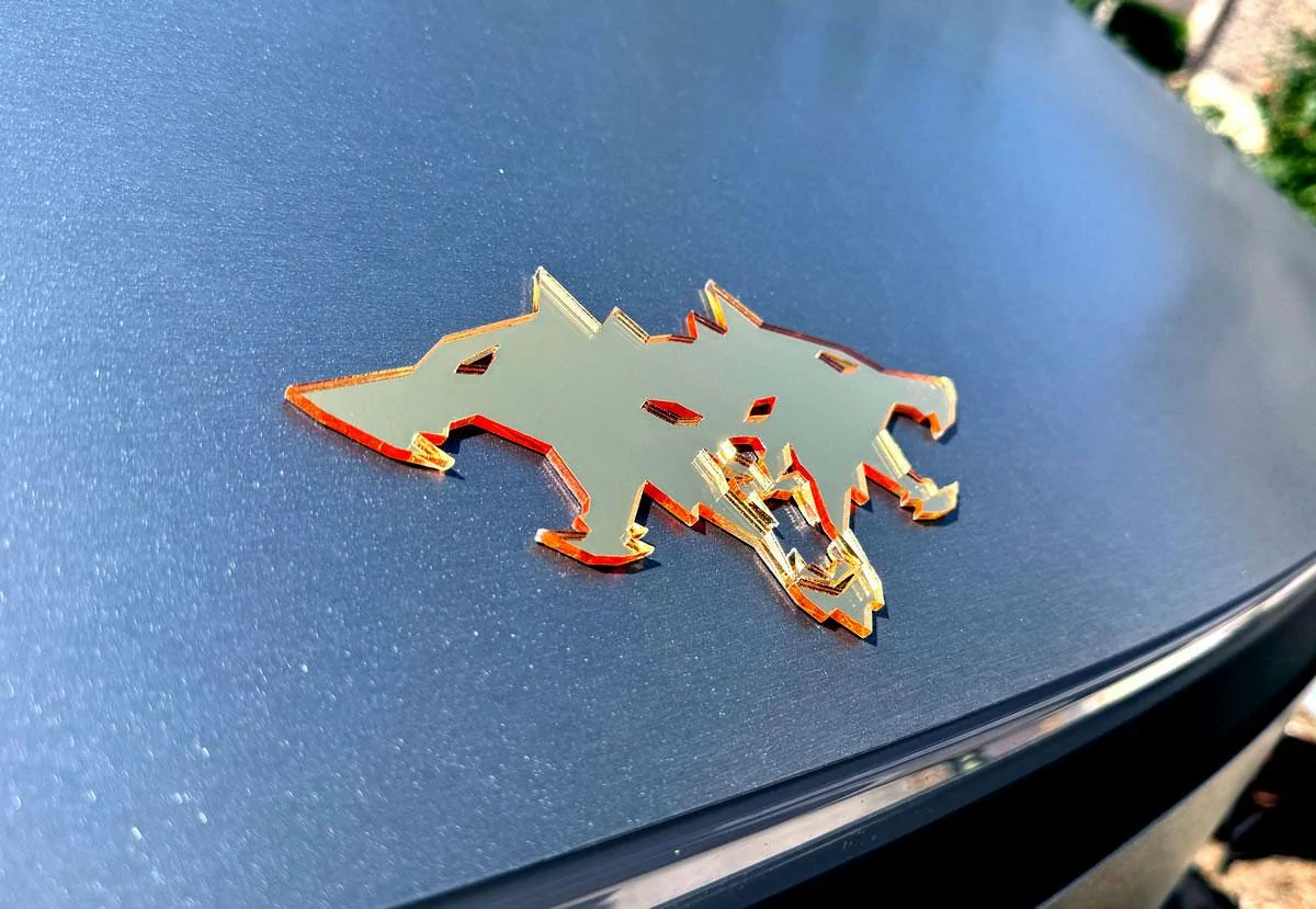 Tesla Model 2 ? Metallic Silver Cyberbeast 3D Laser-Cut Emblems emblem-gold-hood-close-sid